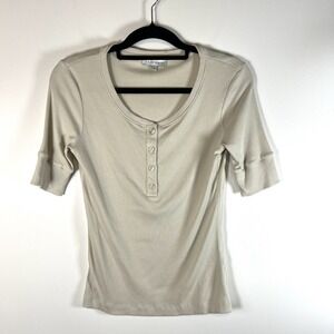 Anatomie Small Cream Pima Cotton Blend Henley Button Neck Shirt Top Designer